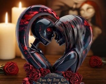 Placa acrílica personalizada de Jack y Sally, plato plano de pareja de esqueletos de Halloween, placa de escritorio gótica con forma de corazón, regalo de aniversario ipatujak00239