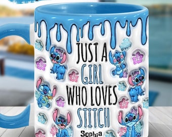 Taza personalizada "Just A Girl Who Love Stitch", vaso inflado bicolor Ohana de monstruo azul, regalo para niños (sth6390)