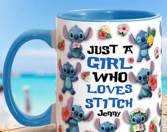 スティッチが大好きな女の子のためのパーソナライズアクセントマグ、ブルーハワイモンスターツートンカップ、オハナは家族を意味するマグ、彼女へのギフト ipatusth00119