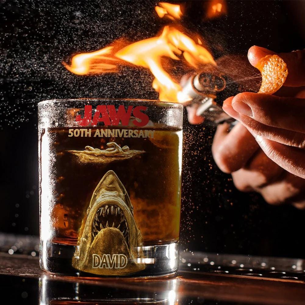 50th Anniversary Scary Shark Personalized Whiskey Glass, Horror Movie Wine Rock Glass Decanter Set Gift for Dad, Whiskey Gift ipatuctt00035