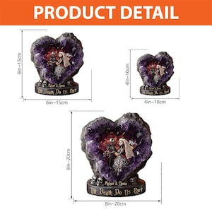 May include: Heart-shaped amethyst geode sculpture with a couple figurine inside. The base reads "Till Death Do Us Part" and "Michael & Emma". The largest sculpture is 8 inches to 20 inches tall.