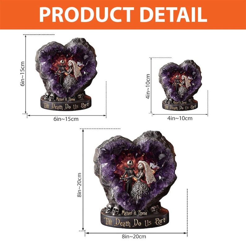 May include: Heart-shaped amethyst geode sculpture with a couple figurine inside. The base reads "Till Death Do Us Part" and "Michael & Emma". The largest sculpture is 8 inches to 20 inches tall.
