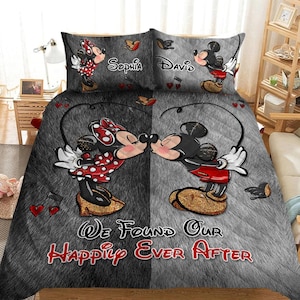 Personalized Mouse Couple Quilt Bedding Set, We Found Our Happily Forever After Quilted Bed Set, Cartoon Love Pillow Duvet Cover dsn9893