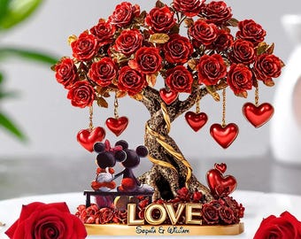 Tree of Love Personalized Acrylic Plaque, Mouse Couple Under Rose Tree Clear Plaque, Cartoon Mouse Decor Plaque, Gift for Her dsn9978