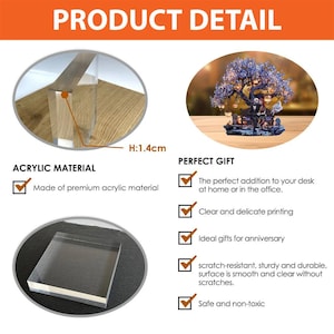 Puede incluir: La imagen muestra productos de material acr&iacute;lico. Uno es un bloque rectangular transparente. Otro es una pieza clara y angular, de 1,4 cm de altura. El texto dice &laquo;PRODUCT DETAIL&raquo; y &laquo;ACRYLIC MATERIAL&raquo;. Tambi&eacute;n se muestra una escultura decorativa de un &aacute;rbol.