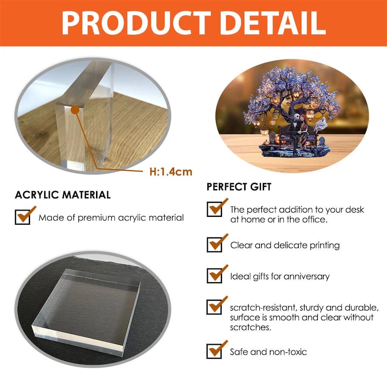 Puede incluir: La imagen muestra productos de material acr&iacute;lico. Uno es un bloque rectangular transparente. Otro es una pieza clara y angular, de 1,4 cm de altura. El texto dice &laquo;PRODUCT DETAIL&raquo; y &laquo;ACRYLIC MATERIAL&raquo;. Tambi&eacute;n se muestra una escultura decorativa de un &aacute;rbol.