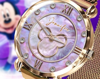 Mouse Personalized Women Metal Strap Watch, Disneyland Trip Magnetic Wrist Watch, Mother Of Pearl 2D Watch, Gift for Her ipatudsn20903