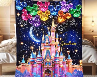 Personalized Magical Castle Fleece Blanket, Disneyland at Night Throw Blanket, Cartoon Fan Kid Blanket, Birthday Gift, Trip Souvenir dsn9981