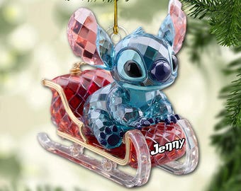 Personalized Blue Monster Sliding Flat Ornament, Merry Stitchmas 2025 Christmas Keepsake, Funny Ohana Hawaii Santa Ornament ipatusth00431