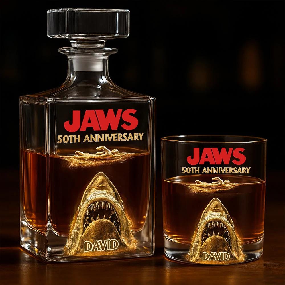 50th Anniversary Scary Shark Personalized Whiskey Glass, Horror Movie Wine Rock Glass Decanter Set Gift for Dad, Whiskey Gift ipatuctt00035