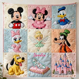 Op de afbeelding: Een gewatteerde wandkleed met Disney-personages Mickey Mouse, Minnie Mouse, Donald Duck, Daisy Duck, Tinkerbell, Goofy, Pluto, een glazen muiltje en een roze kasteel. De naam "Jessica" is op de quilt geborduurd. De quilt is gemaakt van vierkanten met parelaccenten.