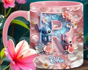 Pastel Initial Letter Personalized Accent Mug, Blue Monster Alphabet with Flower Two Tone Cup, Cartoon Mug Gift for Kid Gift for Her sth6352