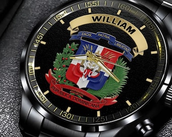 Montre-bracelet en métal personnalisée dominicaine fière, montre à main pour armoiries d'expatriés, montre unisexe patriote, cadeau patriotique pour papa ipatuept00021