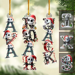 May include: Christmas ornaments featuring letters of the alphabet, each decorated with a Jack Skellington design and a Santa hat. The letters are in various colors and patterns, with candy canes and gift boxes.