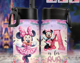 Pink Mouse Alphabet Personalized Kid Water Bottle, Custom Initial Letter Insulated Water Bottle for Girl, Cartoon Lover Gift for Kid dsn9997