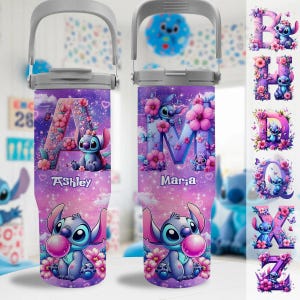 May include: Two personalised purple tumblers featuring the character Stitch, floral designs, and names. One tumbler has the letter "A" and the name "Ashley", the other has the letter "M" and the name "Maria". Both have a grey handle.