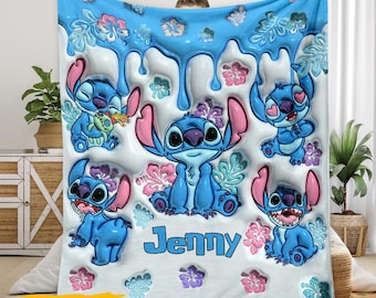 Ohana Means Family gepersonaliseerde Ohana-deken, blauwe monster opgeblazen fleecedeken, Merry Stitchmas-deken voor cartoonliefhebber sth5966