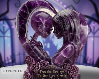 Personalized Jack Sally Acrylic Plaque, Amathyst Effect Skull Couple Flat Plate Gothic Love Heart Desk Decor, Anniversary Gift ipatujak00311