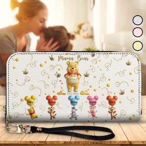 Cartera larga de cuero personalizada de mamá osa para el Día de la Madre, cartera de mamá osa con abeja de miel, cartera de dibujos animados de mamá abuela dsn20004