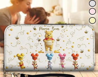 Portefeuille long en cuir personnalisé maman ours pour la fête des mères, portefeuille mère ours avec abeille, portefeuille dessin animé maman grand-mère dsn20004