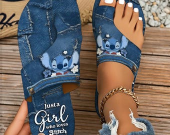 Sandálias de dedo aberto "Just A Girl Who Loves Stitch", Sandálias com suporte para o arco do pé e estampa jeans Ohana da Blue Monster, Chinelos Stitch Fan ipatusth00368