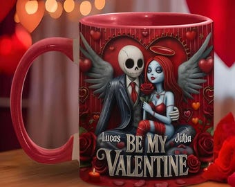 Personalized Jack Sally Couple Accent Mug, Be My Valentine Gothic Mug for Lovers, Skull Love Mug Gift for Him Her, Anniversary Mug jak7375