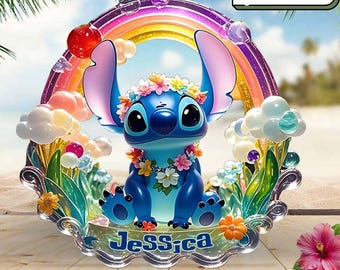 Personalized Hawaii Stitch Acrylic Plaque, Blue Monster in Rainbow Wave Flat Crystal Plaque, Ohana Means Family Gift for Her ipatusth00088