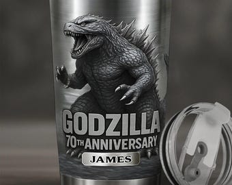 Gobelet isotherme personnalisé 70e anniversaire, tasse de voyage Monstre géant 20 oz 30 oz, gobelet cool dinosaure roi des monstres ipatugzl00011