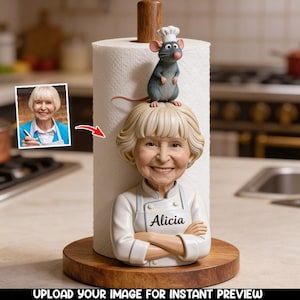 Soporte de papel de cocina de madera personalizado y divertido con forma de ratón cocinero, portarrollos de papel de cocina con forma de rata chef, rollo de papel no incluido. ipatucok00005