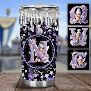 Vaso con inicial de cuento de hadas violeta personalizado, alfabeto de dibujos animados, vaso de 20 oz y 30 oz, taza de viaje morada de dibujos animados, regalo para ella dsn9886