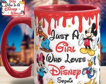 Taza personalizada con detalles de "Just A Girl Who Loves Disney", taza para viaje a Disneyland, taza para fan de dibujos animados, regalo de aniversario, taza inflada dsn9994