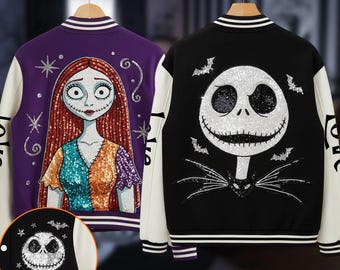 Gepersonaliseerde Jack Sally Varsity Jacket, Gothic Couple Baseball Jacket, Horror Skull Shirt voor Skull Lover, No Real Lovertje ipatujak00324