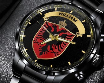 Montre-bracelet en métal personnalisée Albanie fière, montre à la main d'expatriés, montre unisexe patriotes, cadeau patriotique pour lui, cadeau pour papa ipatuept00025