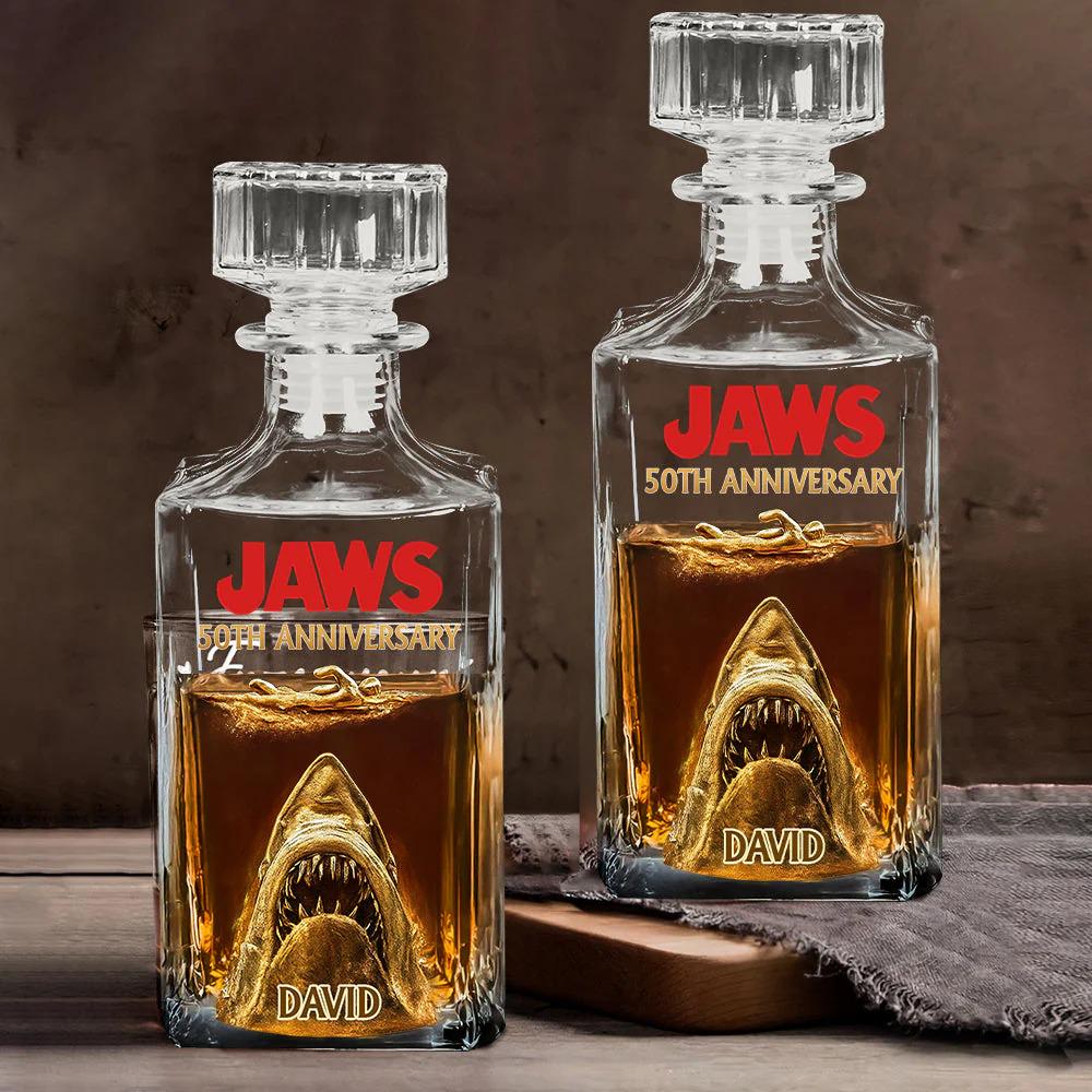 50th Anniversary Scary Shark Personalized Whiskey Glass, Horror Movie Wine Rock Glass Decanter Set Gift for Dad, Whiskey Gift ipatuctt00035