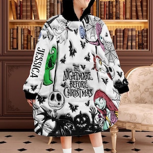 Christmas Nightmare Personalized Blanket Hoodie, Jack Sally Gothic Couple Inflated Hooded Blanket with Pocket, Skull Fleece Hoodie jak7060