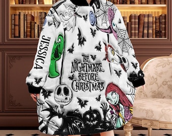 Couverture personnalisée Noël cauchemar à capuche, couverture gonflée à capuche couple gothique Jack Sally avec poche, sweat à capuche en polaire tête de mort jak7060