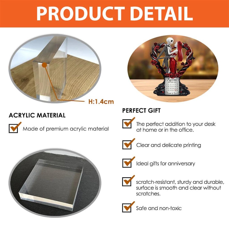 Puede incluir: Imagen de detalle del producto con un bloque acr&iacute;lico y una figura decorativa. El bloque acr&iacute;lico mide 1,4 cm de alto. La figura representa una pareja con un marco en forma de coraz&oacute;n y la palabra "Married".