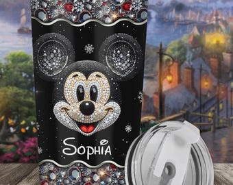 Black Cartoon Mouse Personalized Insulated Tumbler, Crystal Mouse Magical 20oz 30oz Travel Mug, Gift for Her, Diamond Mouse Mug dsn9816