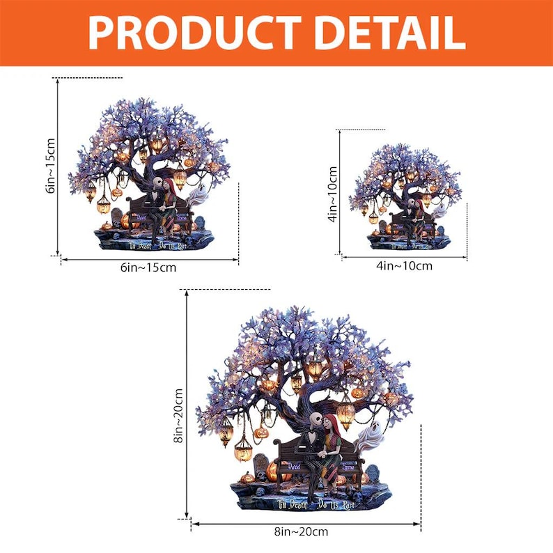 Puede incluir: Escena de &aacute;rbol decorativo con Jack y Sally de The Nightmare Before Christmas. El &aacute;rbol est&aacute; adornado con luces y calabazas, con la pareja sentada en un banco. Disponible en tres tama&ntilde;os: 15-38cm, 10-25cm, y 20-51cm.