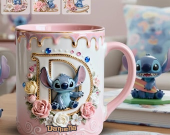 Personalized Sticth Initial Letter Flat Accent Mug, Floral Alphabet Melting Mug, Cartoon Ceramic Cup Gift for Her ipatusth00578