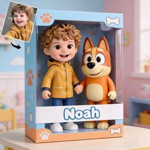 May include: A boxed toy set featuring a boy doll and a cartoon dog figure. The boy doll wears a yellow jacket and blue jeans. The dog is orange and white. The box has the name "Noah" on it.