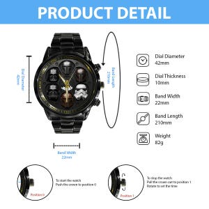 May include: Black wristwatch with a round face featuring various character masks. The watch has a 42mm dial diameter, 10mm dial thickness, 22mm band width, and 210mm band length. The watch weighs 82g. The text "PRODUCT DETAIL" is at the top.