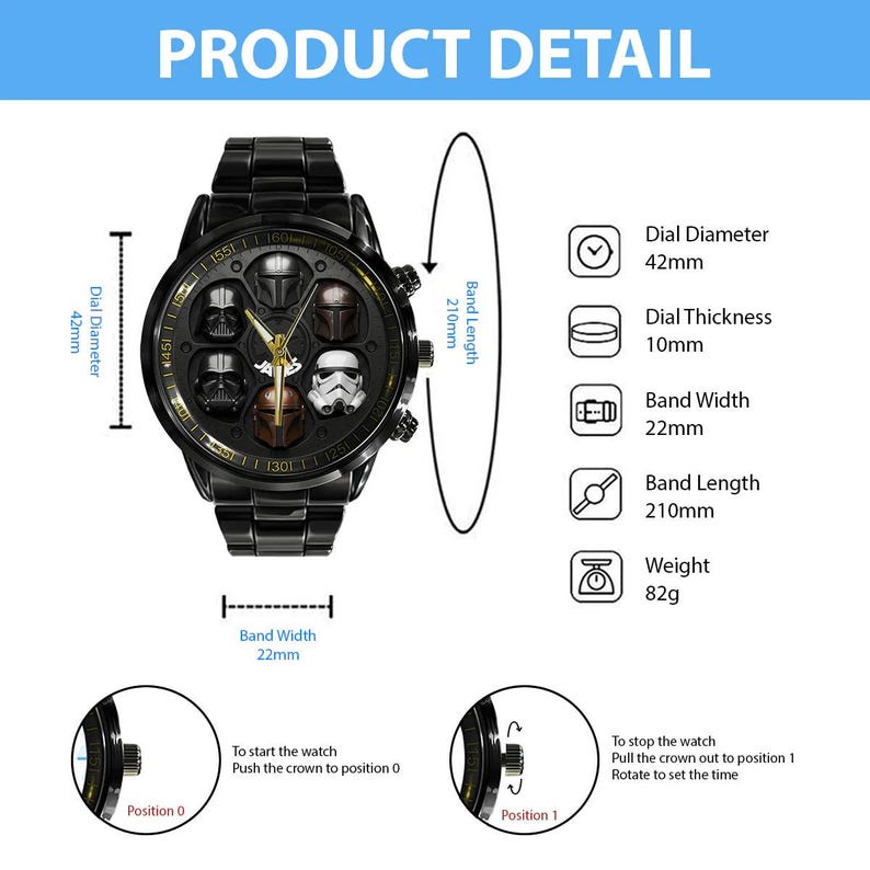 May include: Black wristwatch with a round face featuring various character masks. The watch has a 42mm dial diameter, 10mm dial thickness, 22mm band width, and 210mm band length. The watch weighs 82g. The text "PRODUCT DETAIL" is at the top.