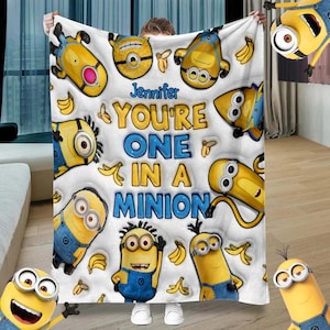You're One in A Minion Personalized Cartoon Fleece Blanket, Yellow Monster Inflated Throw Blanket, Cute Kid Blanket, Valentines Gift dcb5042