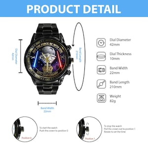 May include: Black wristwatch with a Star Wars design. The watch face features the Death Star, lightsabers, and the text "MAY THE FORCE BE WITH YOU". The dial diameter is 42mm, band width is 22mm, and band length is 210mm.