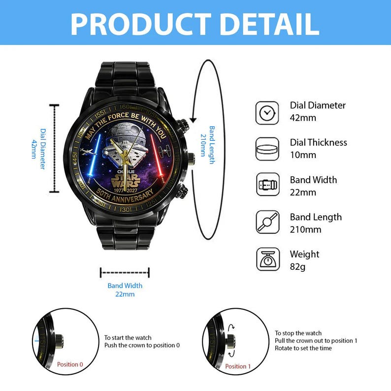 May include: Black wristwatch with a Star Wars design. The watch face features the Death Star, lightsabers, and the text "MAY THE FORCE BE WITH YOU". The dial diameter is 42mm, band width is 22mm, and band length is 210mm.