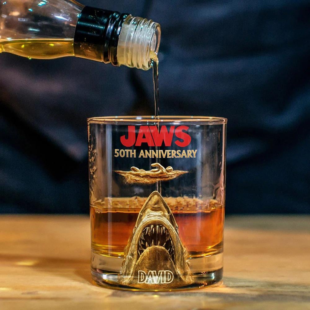 50th Anniversary Scary Shark Personalized Whiskey Glass, Horror Movie Wine Rock Glass Decanter Set Gift for Dad, Whiskey Gift ipatuctt00035