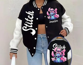 Veste universitaire à coutures personnalisée pour Ohana, signifie fan de la famille, veste de baseball unisexe dessin animé, chemise Stitch Angel pour couple ipatusth00433