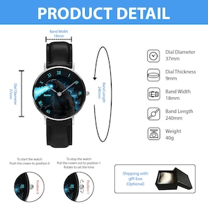 K&ouml;nnte beinhalten: Schwarze Armbanduhr mit Godzilla-Grafik auf dem Zifferblatt. Die Uhr hat einen Zifferblattdurchmesser von 37 mm, eine Bandbreite von 18 mm und eine Bandl&auml;nge von 240 mm. Die Uhr wiegt 40 g. Der Text "PRODUCT DETAIL" steht oben.