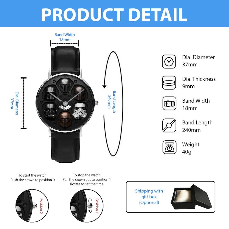 May include: Black wristwatch with a round face featuring character helmets. The watch has a 37mm dial diameter, 9mm thickness, and a 18mm band width. The band length is 240mm, and the watch weighs 40g. The watch has a black leather band.